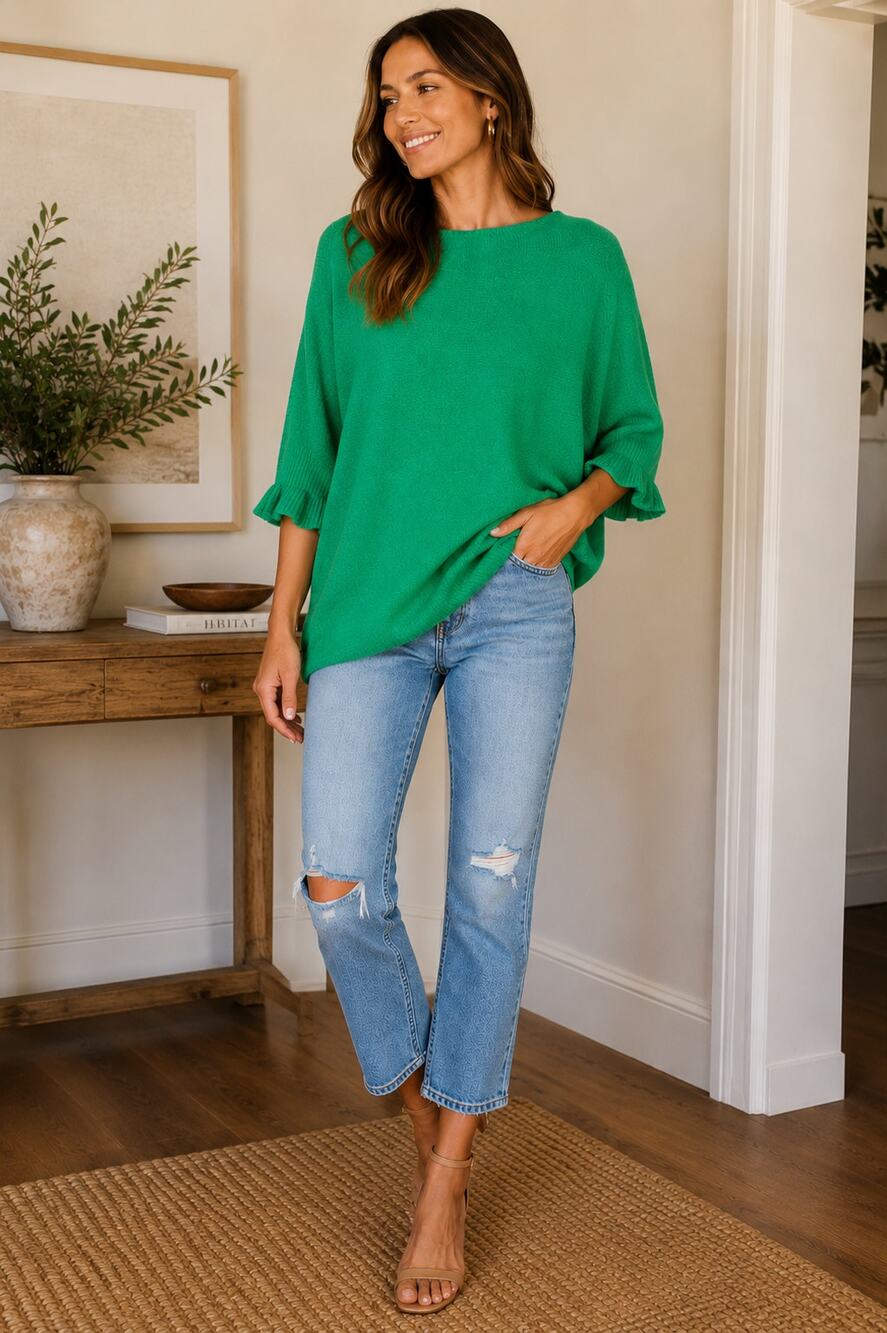 Italian Made Green Soft Cozy Knit Dolman Sleeve Ruffle Pullover Sweater